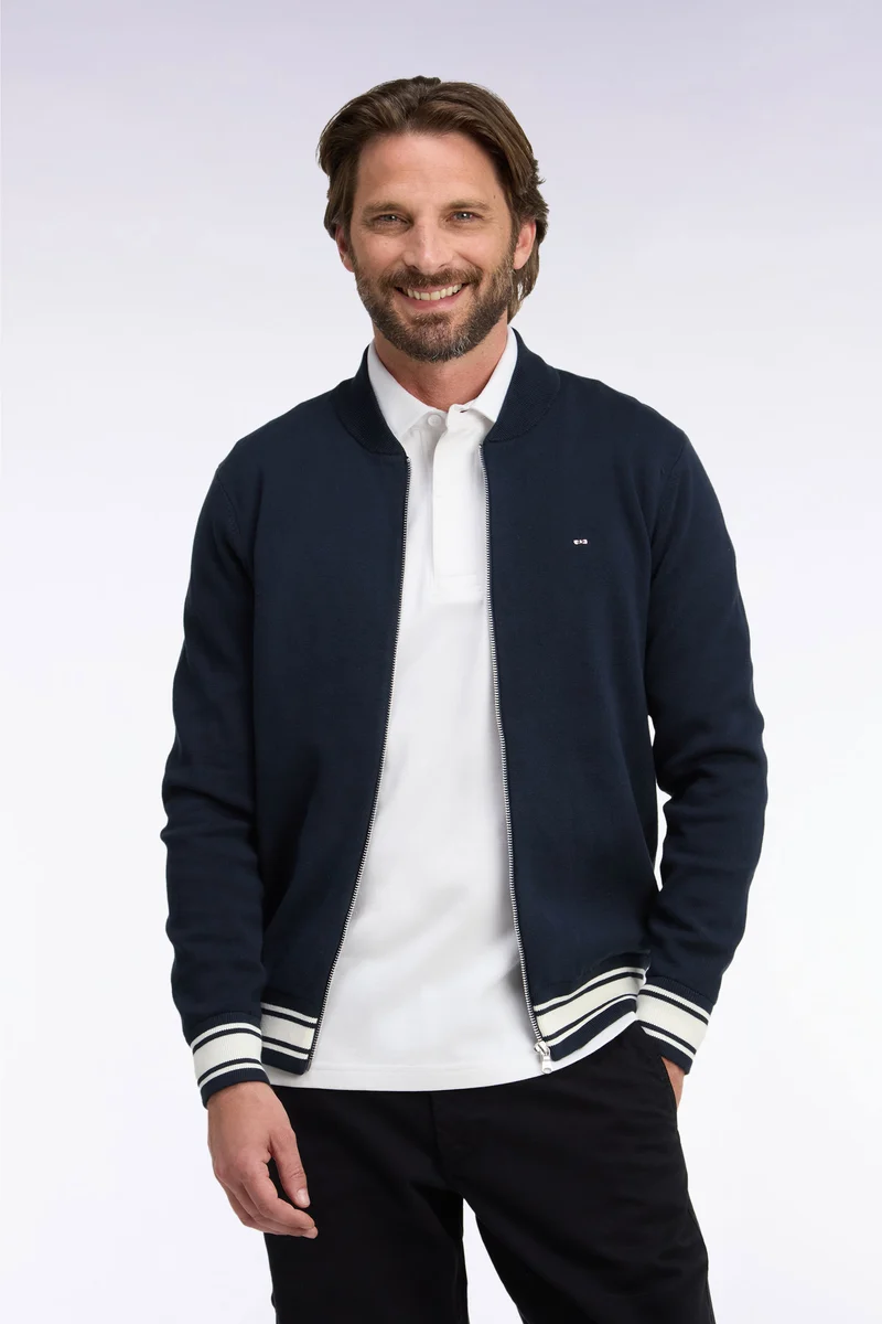 Cardigan teddy zippé en coton milano marine coupe droite