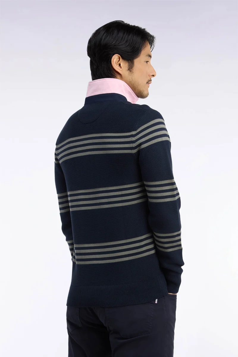 Pull à col maillot en coton vert olive et marine coupe droite