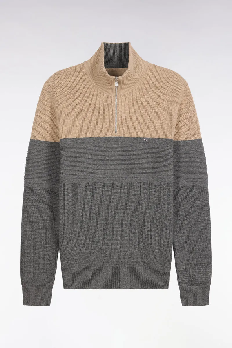 Pull à col camionneur en laine et coton bicolore beige et gris