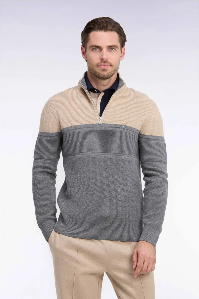Pull à col camionneur en laine et coton bicolore beige et gris