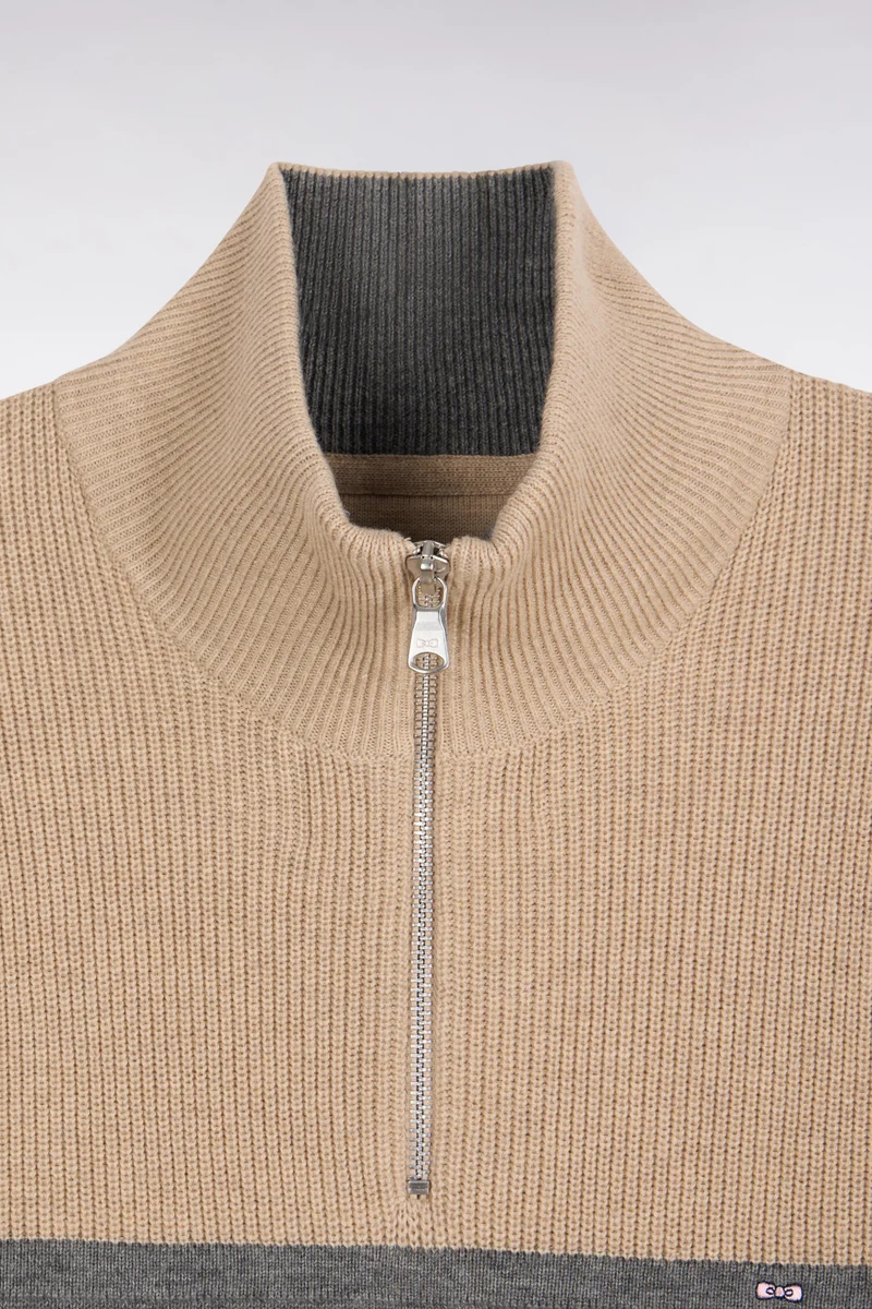 Pull à col camionneur en laine et coton bicolore beige et gris