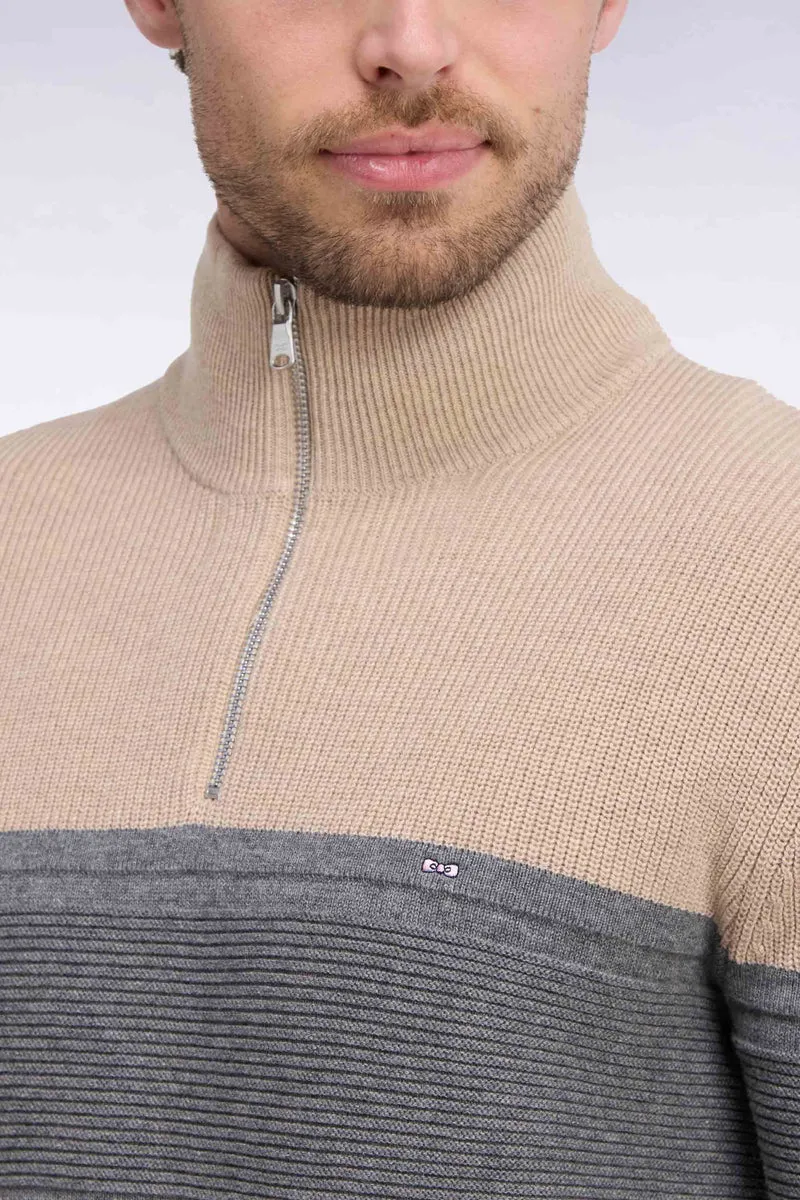 Pull à col camionneur en laine et coton bicolore beige et gris
