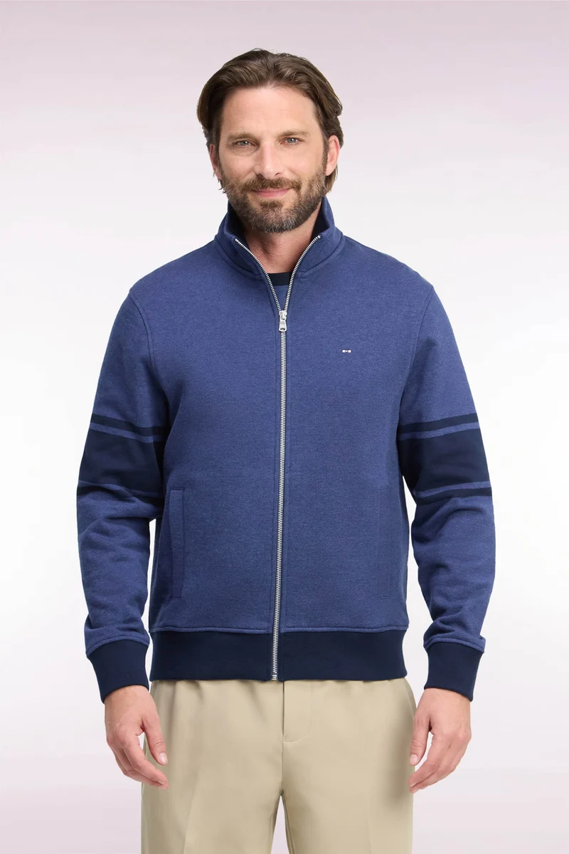 Sweatshirt zippé à col montant en molleton coton chiné coupe droite
