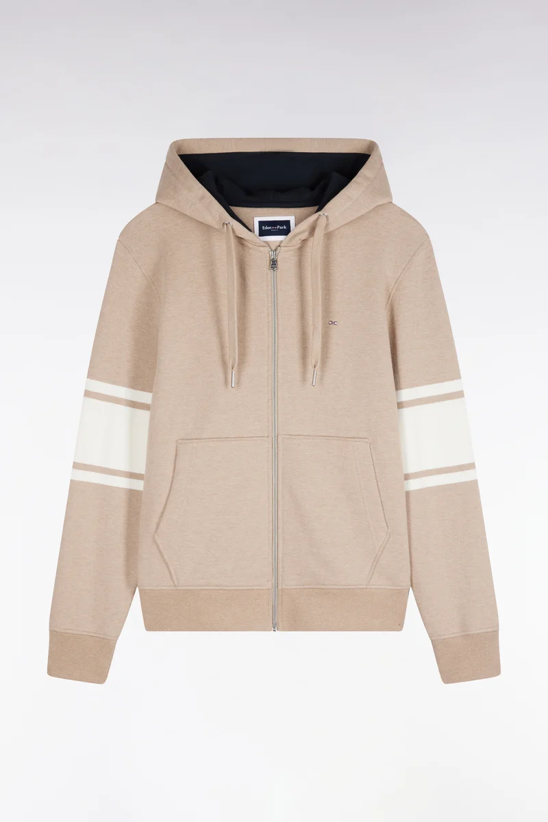 Sweatshirt à capuche zippé en molleton coton beige coupe droite