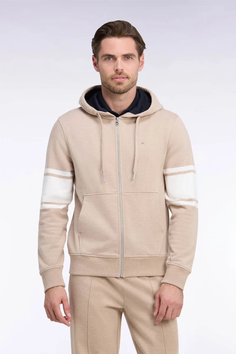 Sweatshirt à capuche zippé en molleton coton beige coupe droite