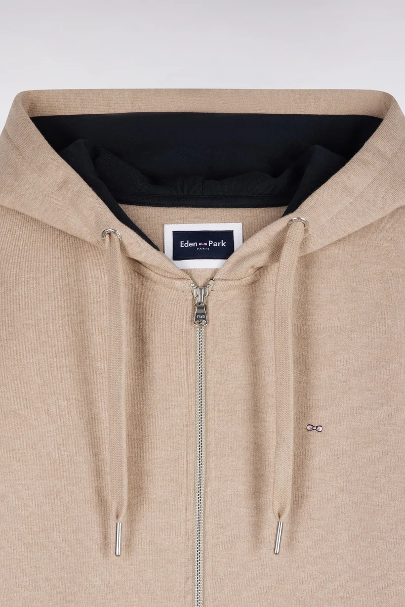 Sweatshirt à capuche zippé en molleton coton beige coupe droite