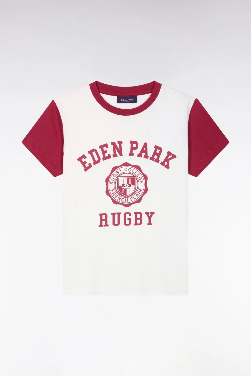 T-shirt manches courtes en coton écru sérigraphie rugby rouge coupe droite