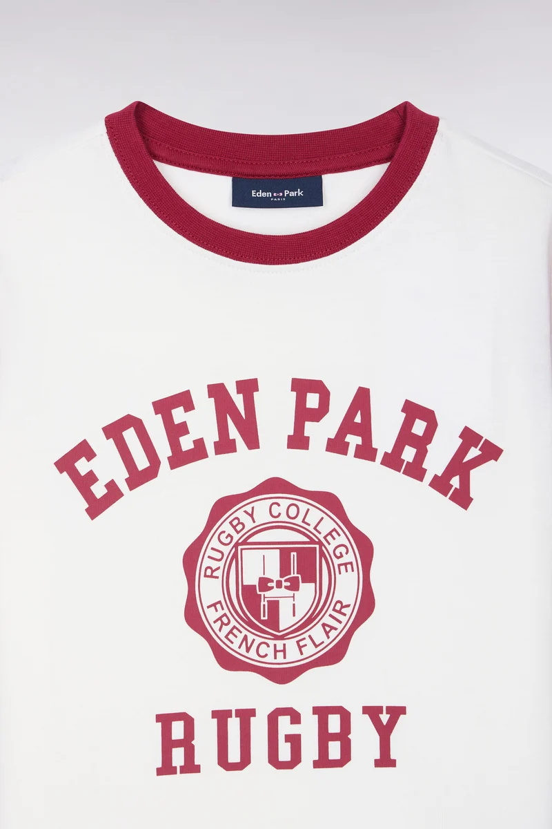 T-shirt manches courtes en coton écru sérigraphie rugby rouge coupe droite