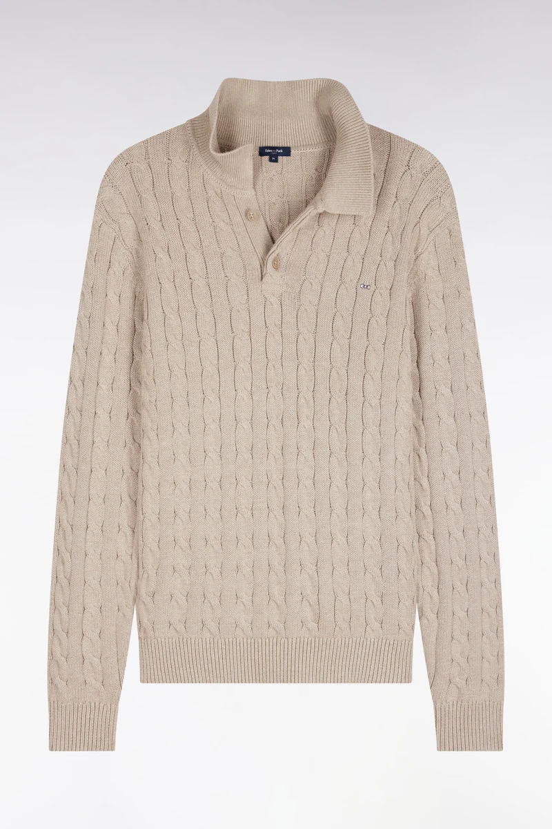 Pull à torsades et col maillot en coton beige coupe droite