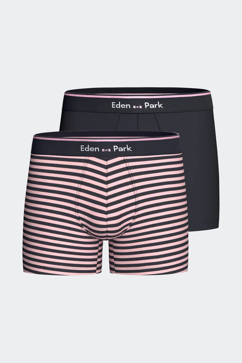 Lot de 2 boxers en jersey de coton stretch unis marine et rayures roses