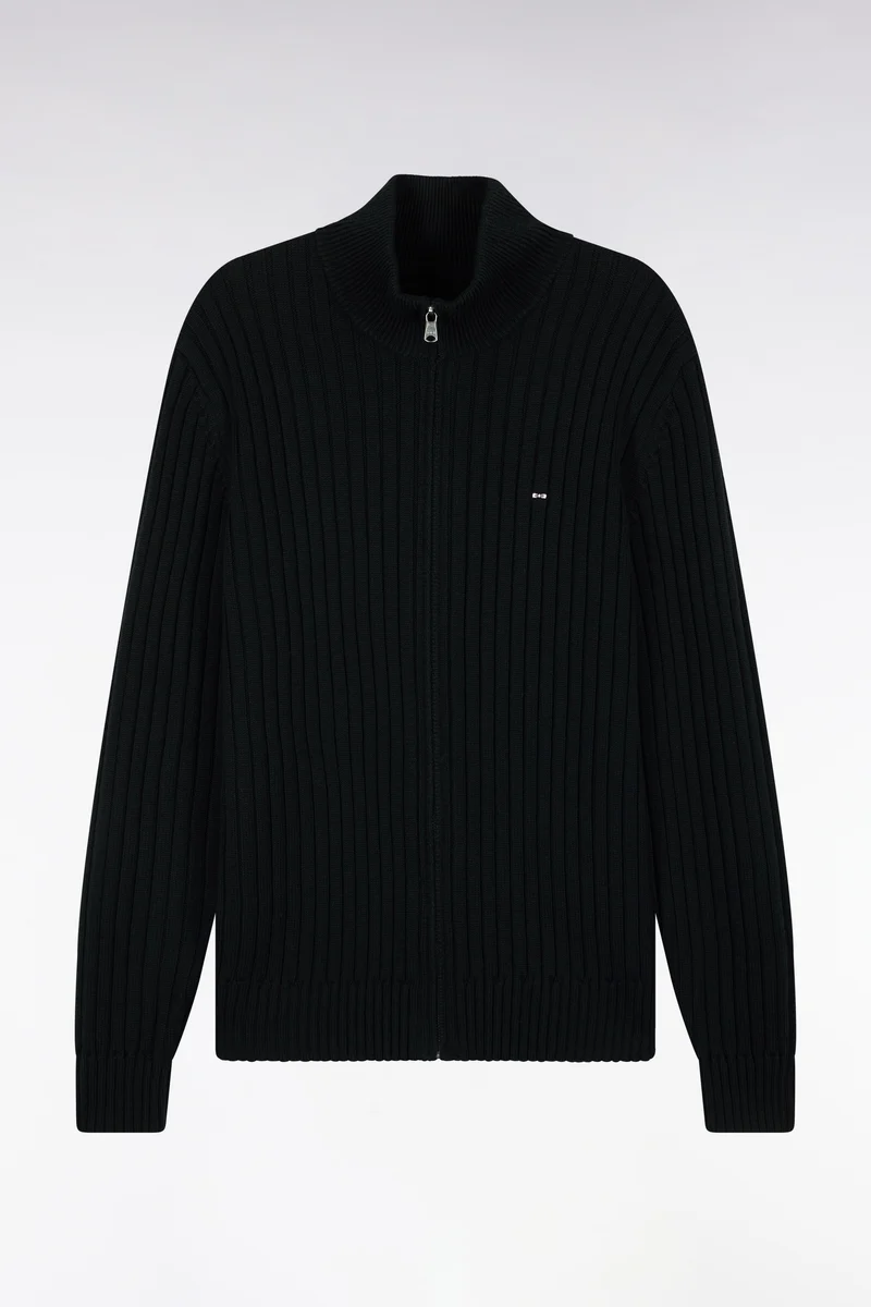 Cardigan zippé à col camionneur en laine et coton noir côtelé coupe droite