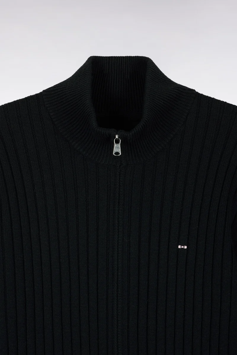 Cardigan zippé à col camionneur en laine et coton noir côtelé coupe droite