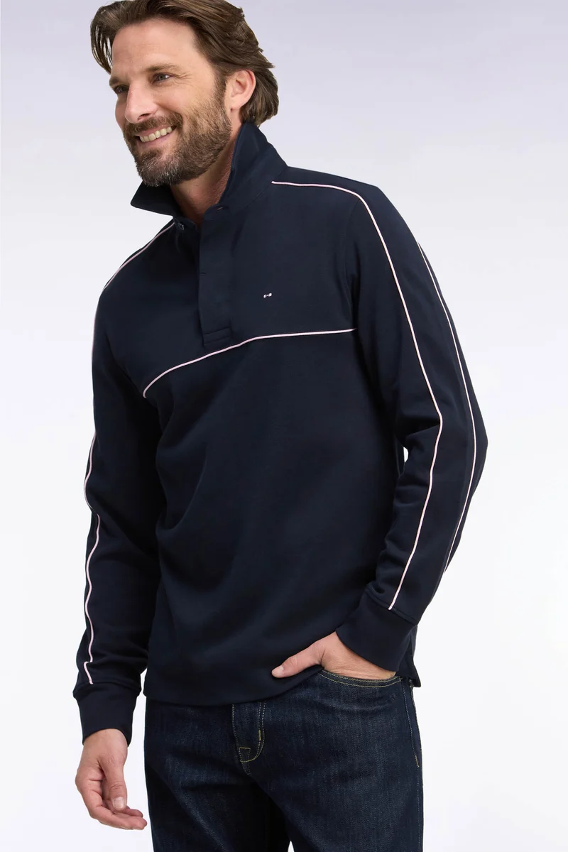 Maillot manches longues en jersey marine à passepoils roses