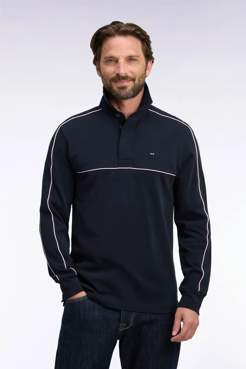 Maillot manches longues en jersey marine à passepoils roses