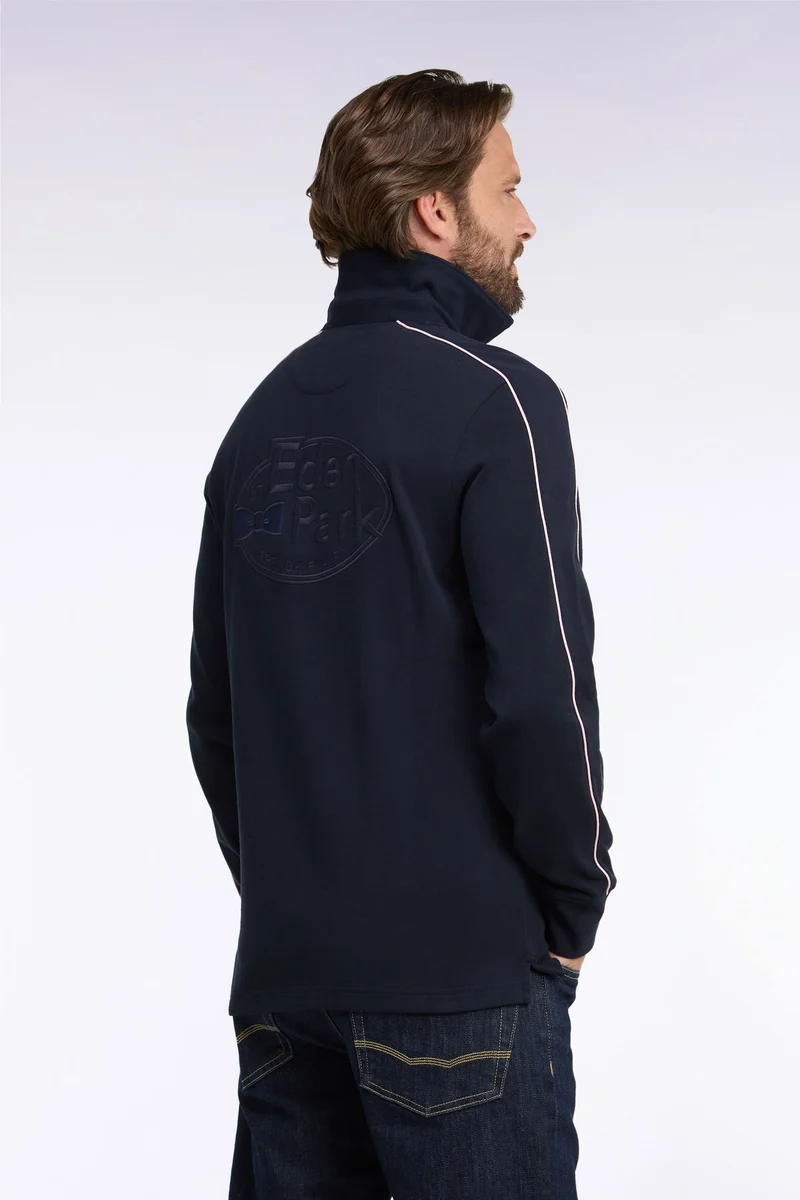 Maillot manches longues en jersey marine à passepoils roses
