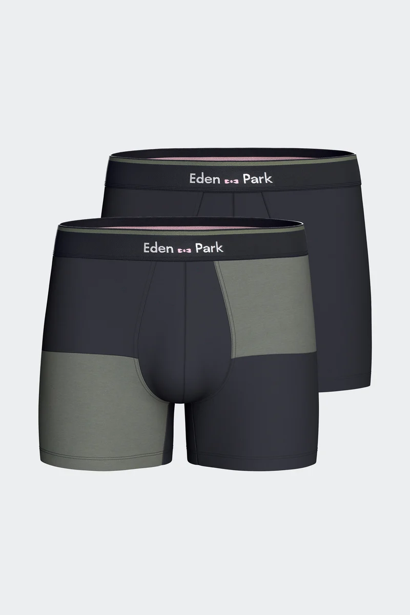 Lot de 2 boxers en jersey de coton stretch unis et damiers marine et kaki