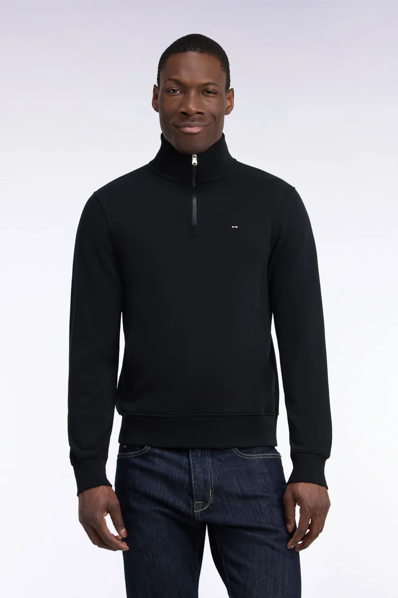 Sweatshirt col camionneur en molleton coton noir coupe droite