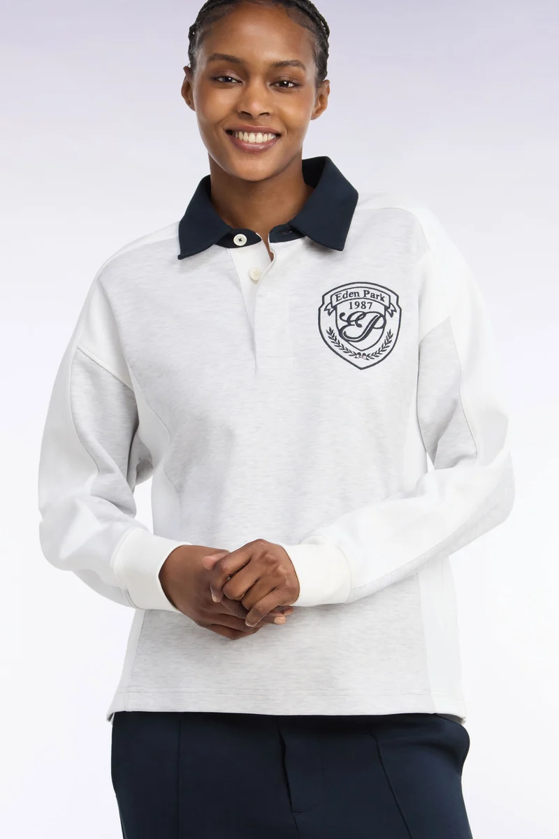Sweatshirt unisexe à col maillot en interlock gris et découpes contrastées coupe loose