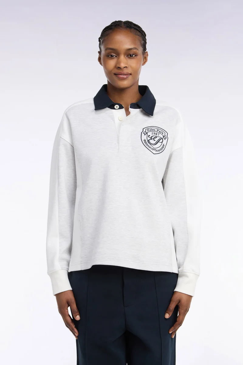Sweatshirt unisexe à col maillot en interlock gris et découpes contrastées coupe loose
