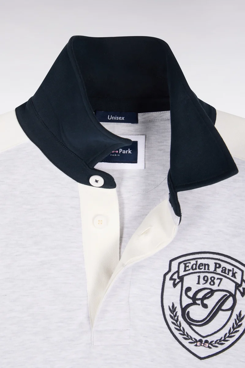 Sweatshirt unisexe à col maillot en interlock gris et découpes contrastées coupe loose