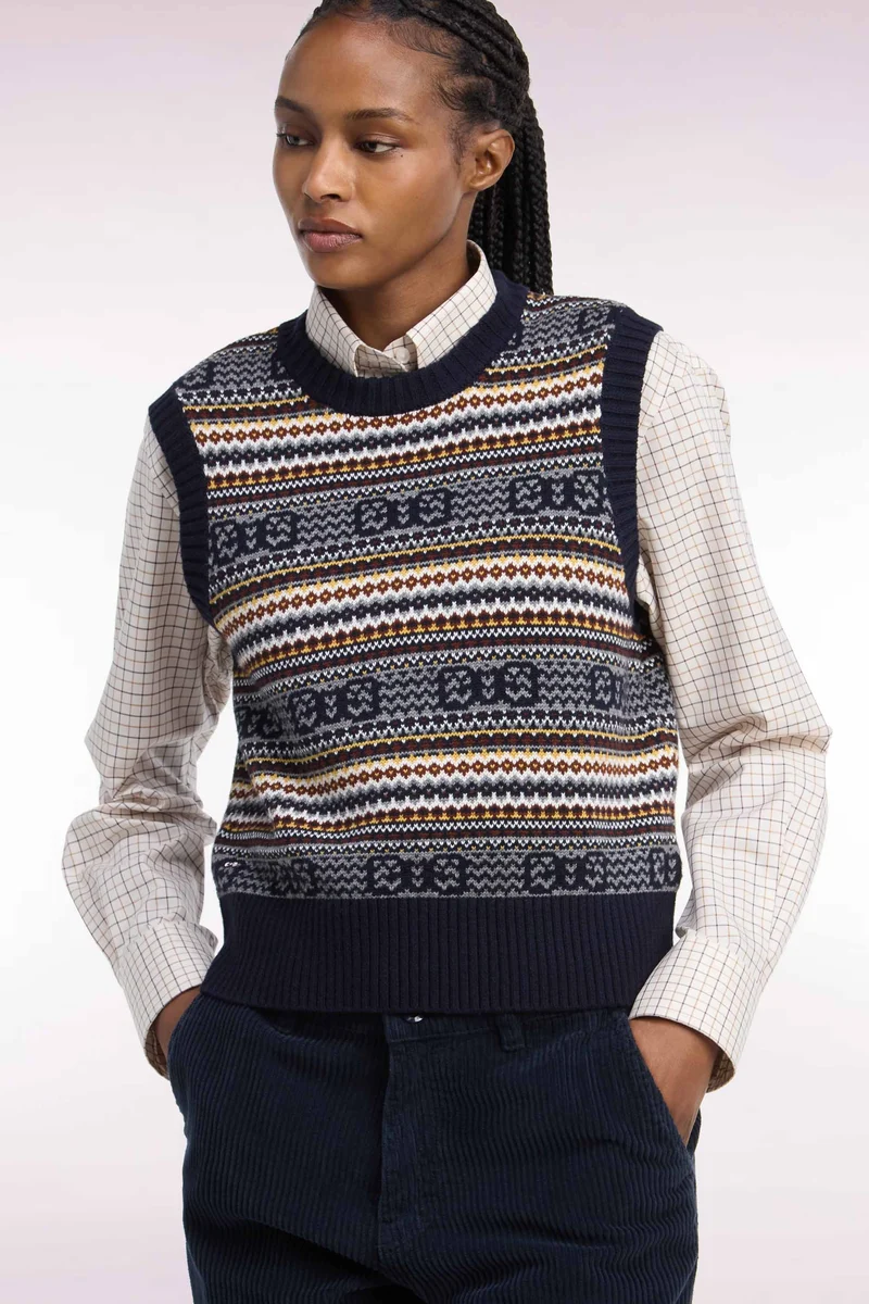 Pull sans manches en laine et coton marine