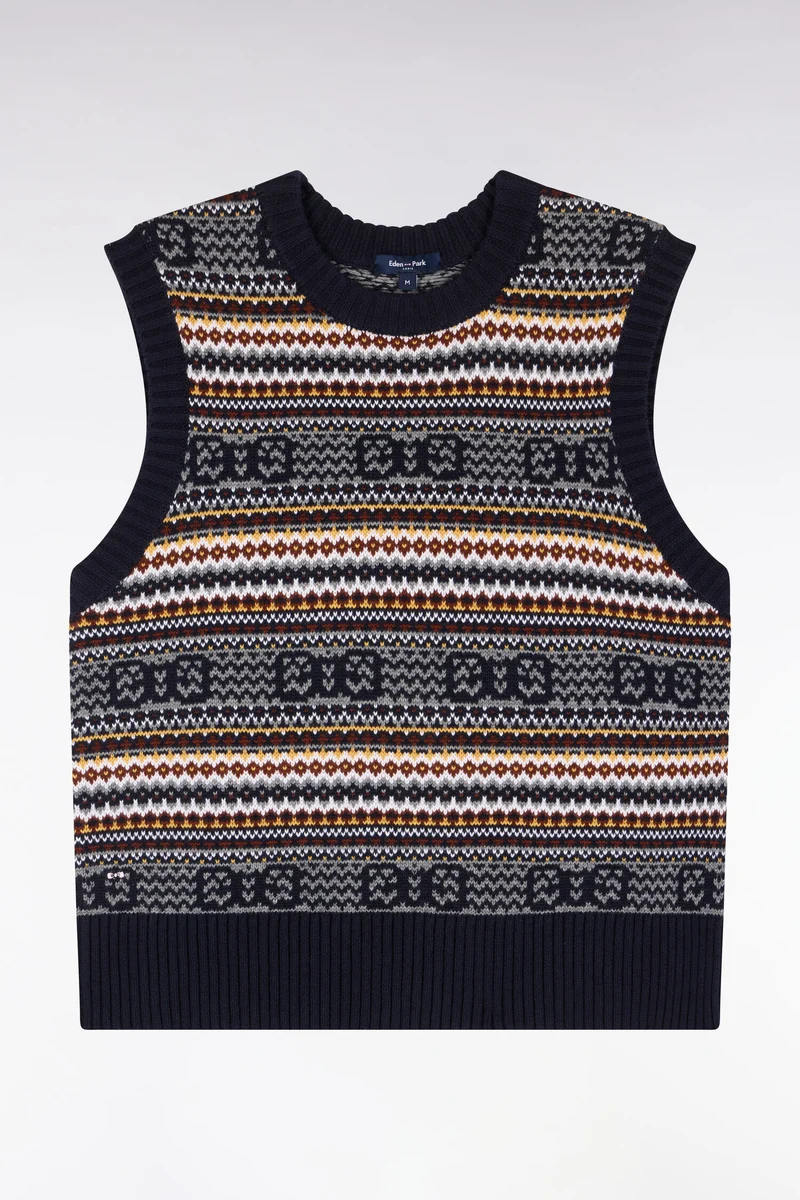 Pull sans manches en laine et coton marine