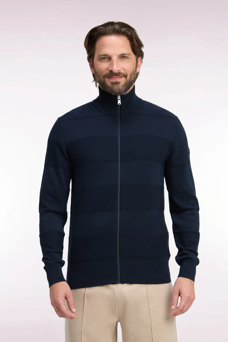 Cardigan golf en coton et viscose marine coupe droite