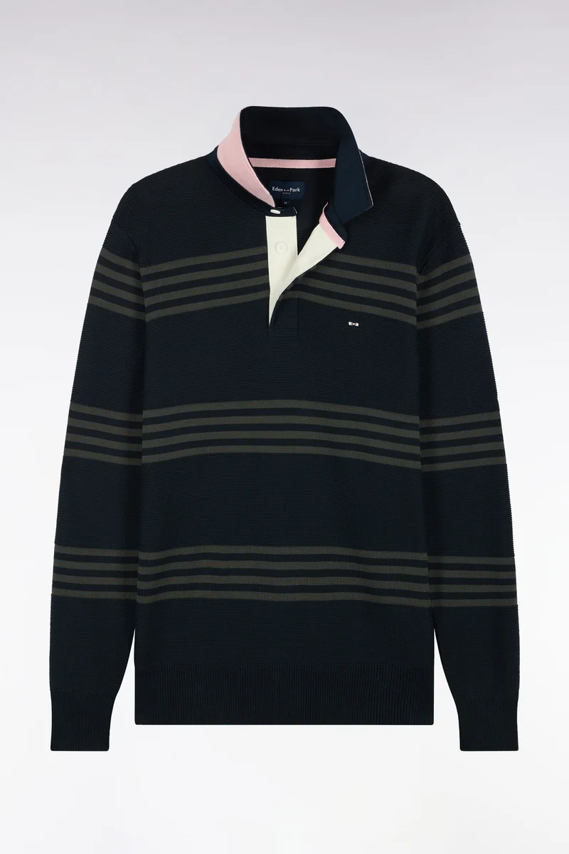 Pull à col maillot en coton kaki et marine coupe droite