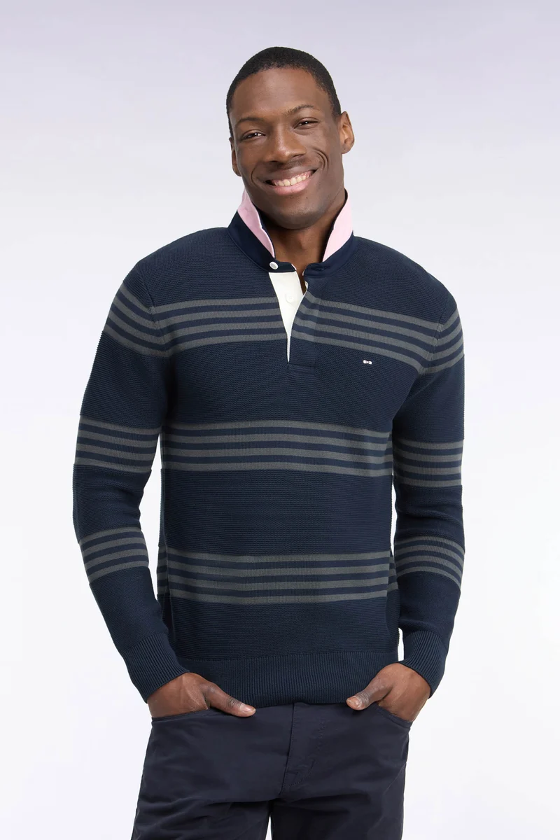 Pull à col maillot en coton kaki et marine coupe droite