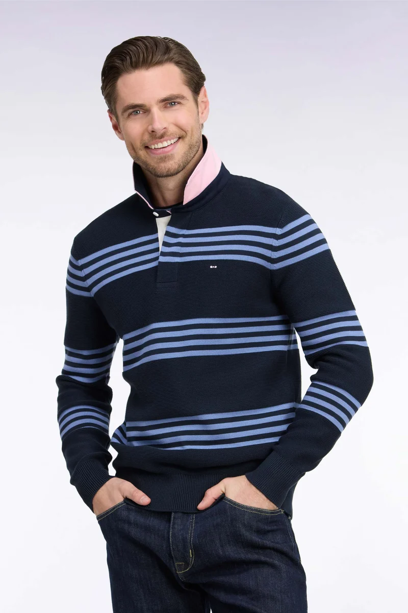 Pull à col maillot en coton bleu et marine coupe droite