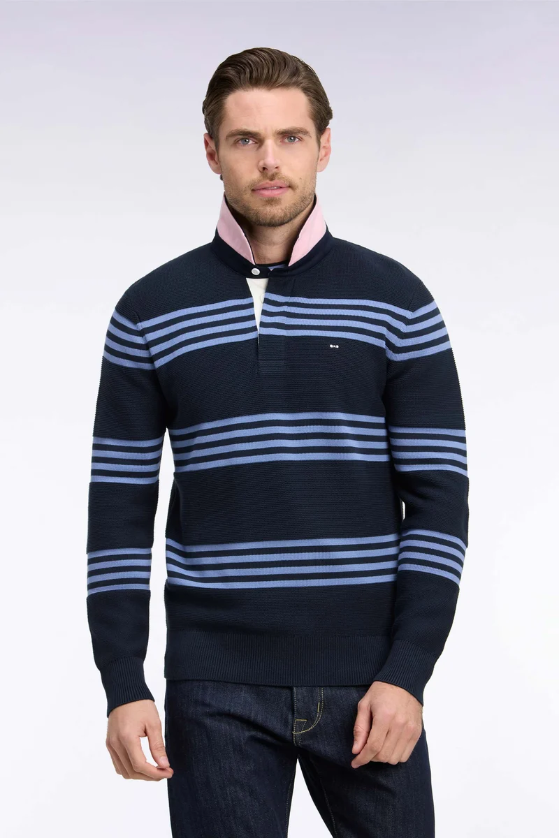 Pull à col maillot en coton bleu et marine coupe droite