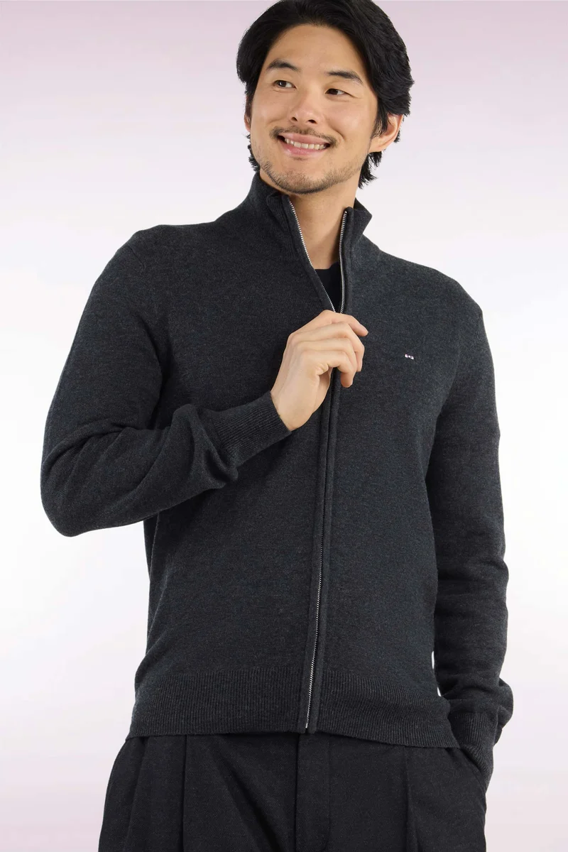 Cardigan zippé en laine et coton gris foncé coupe droite