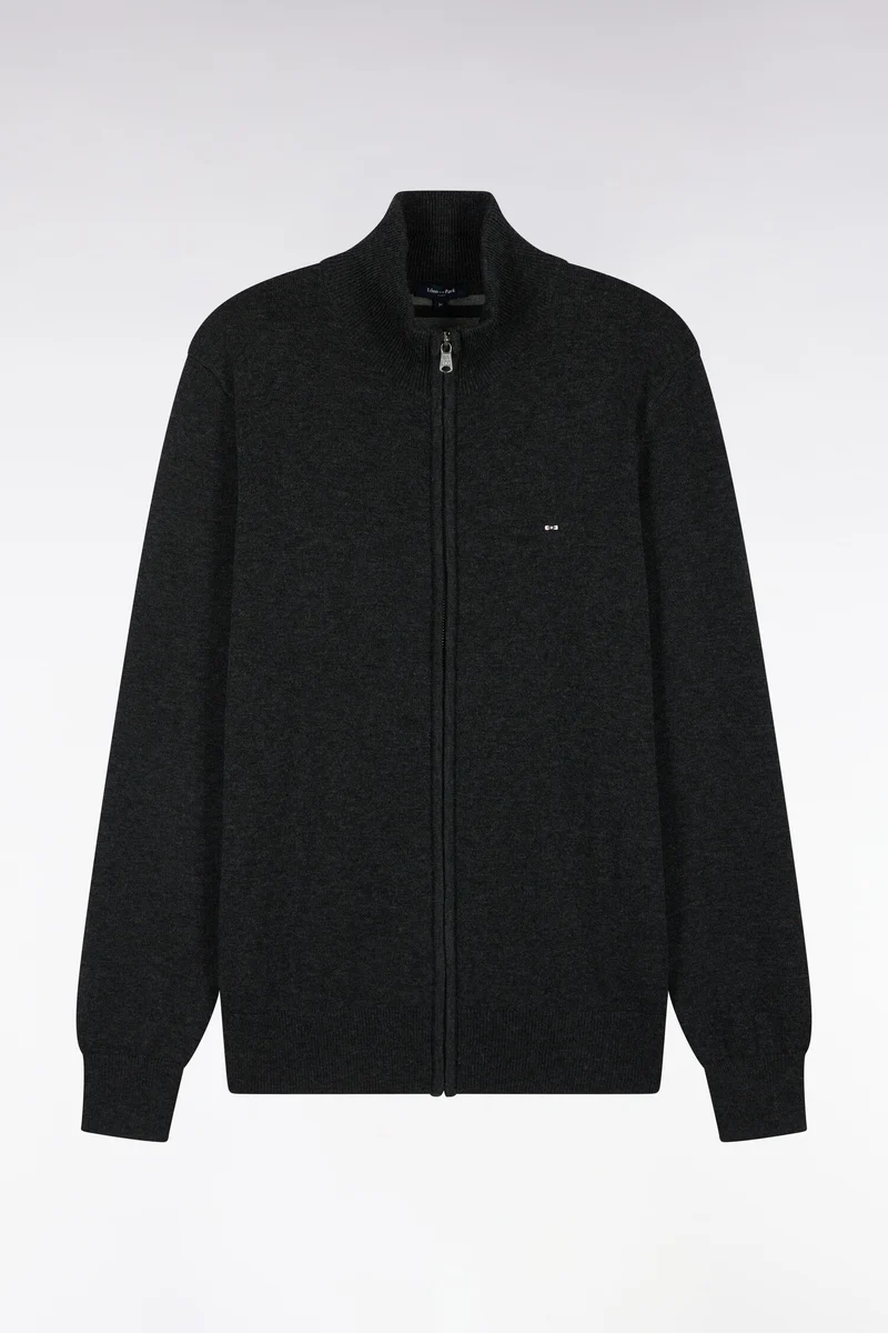 Cardigan zippé en laine et coton gris foncé coupe droite