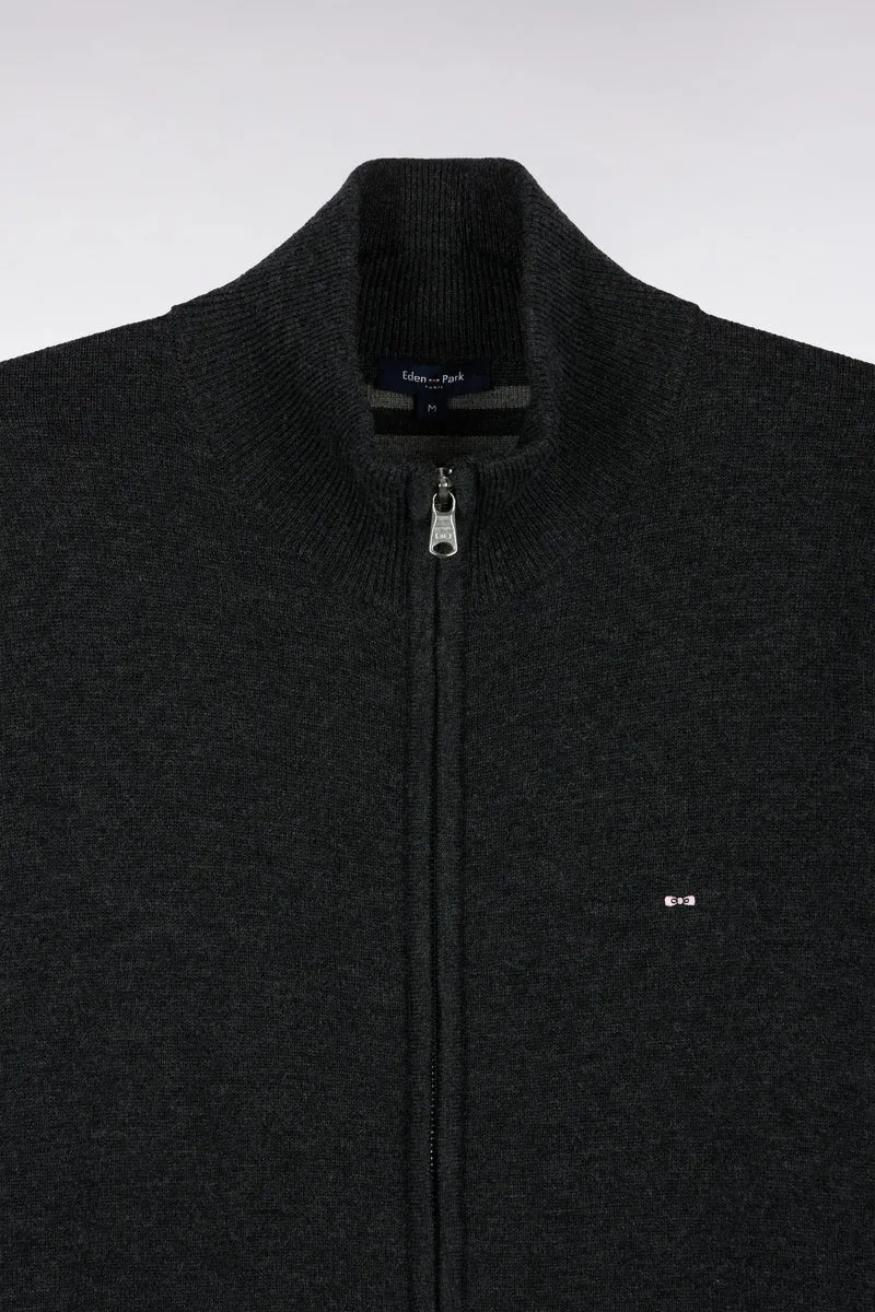 Cardigan zippé en laine et coton gris foncé coupe droite