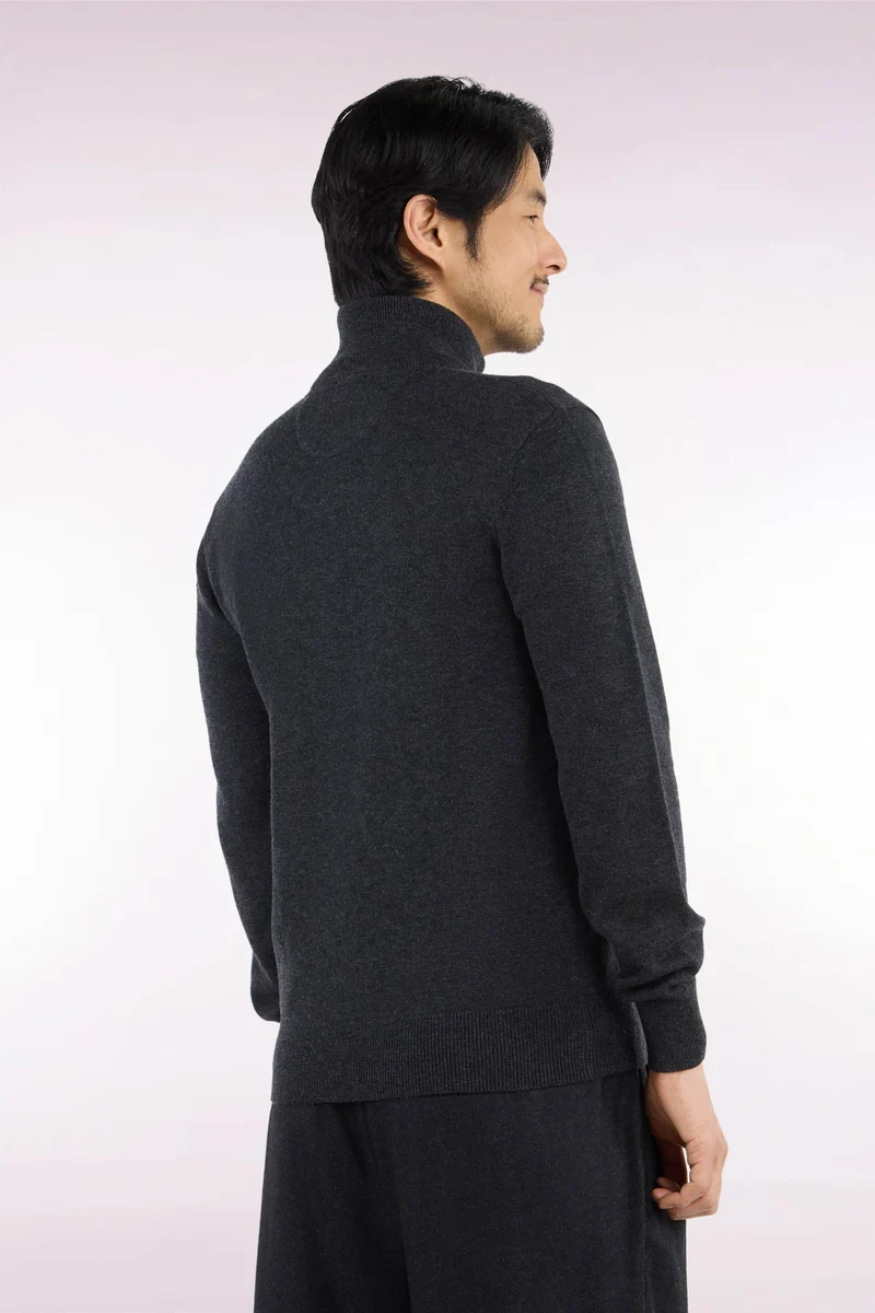 Cardigan zippé en laine et coton gris foncé coupe droite
