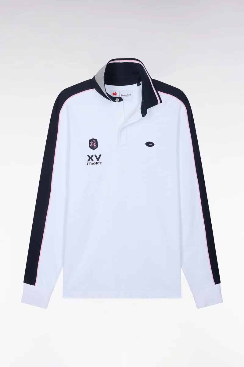 Polo à manches longues en piqué de coton peigné bicolore blanc XV de France