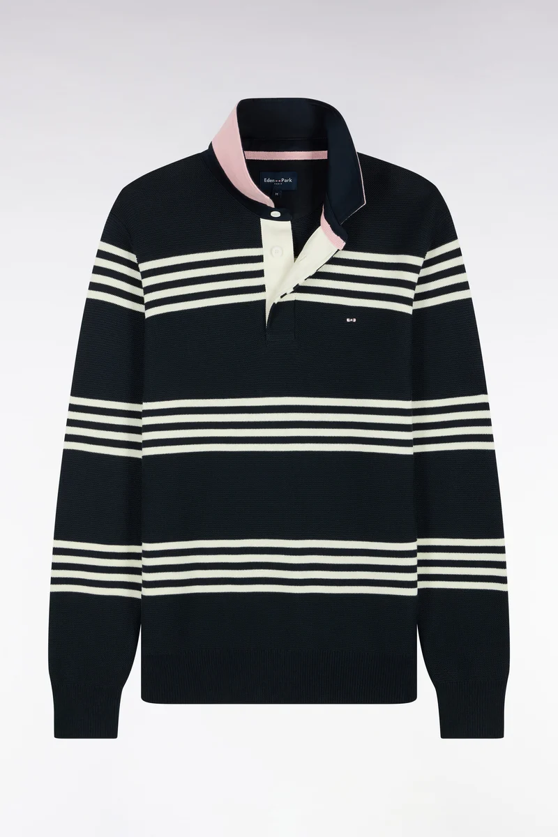 Pull à col maillot en coton écru et marine coupe droite