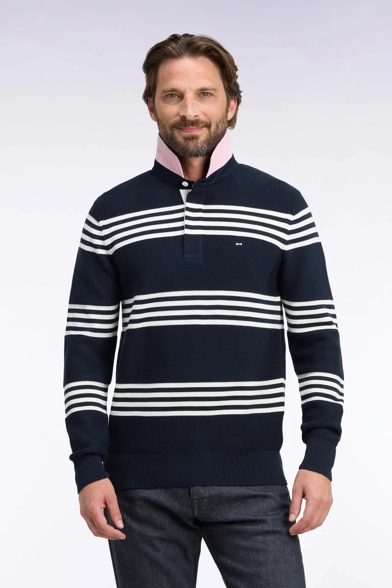 Pull à col maillot en coton écru et marine coupe droite