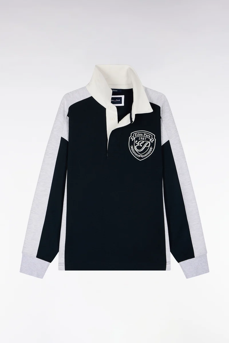 Sweatshirt unisexe à col maillot en interlock marine et découpes contrastées coupe loose