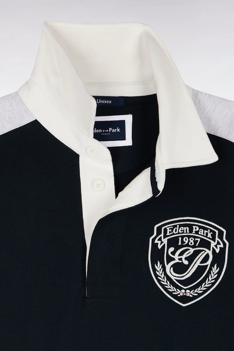 Sweatshirt unisexe à col maillot en interlock marine et découpes contrastées coupe loose