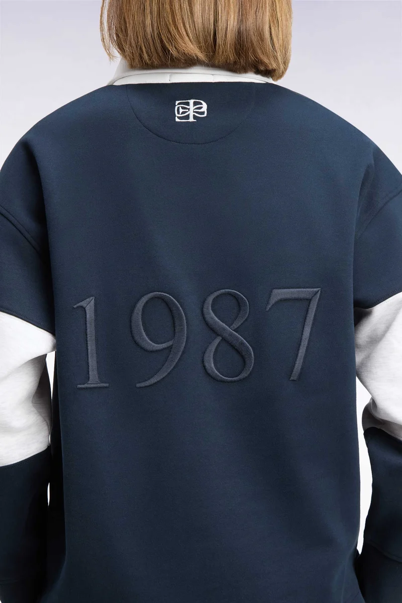 Sweatshirt unisexe à col maillot en interlock marine broderies héritage coupe loose
