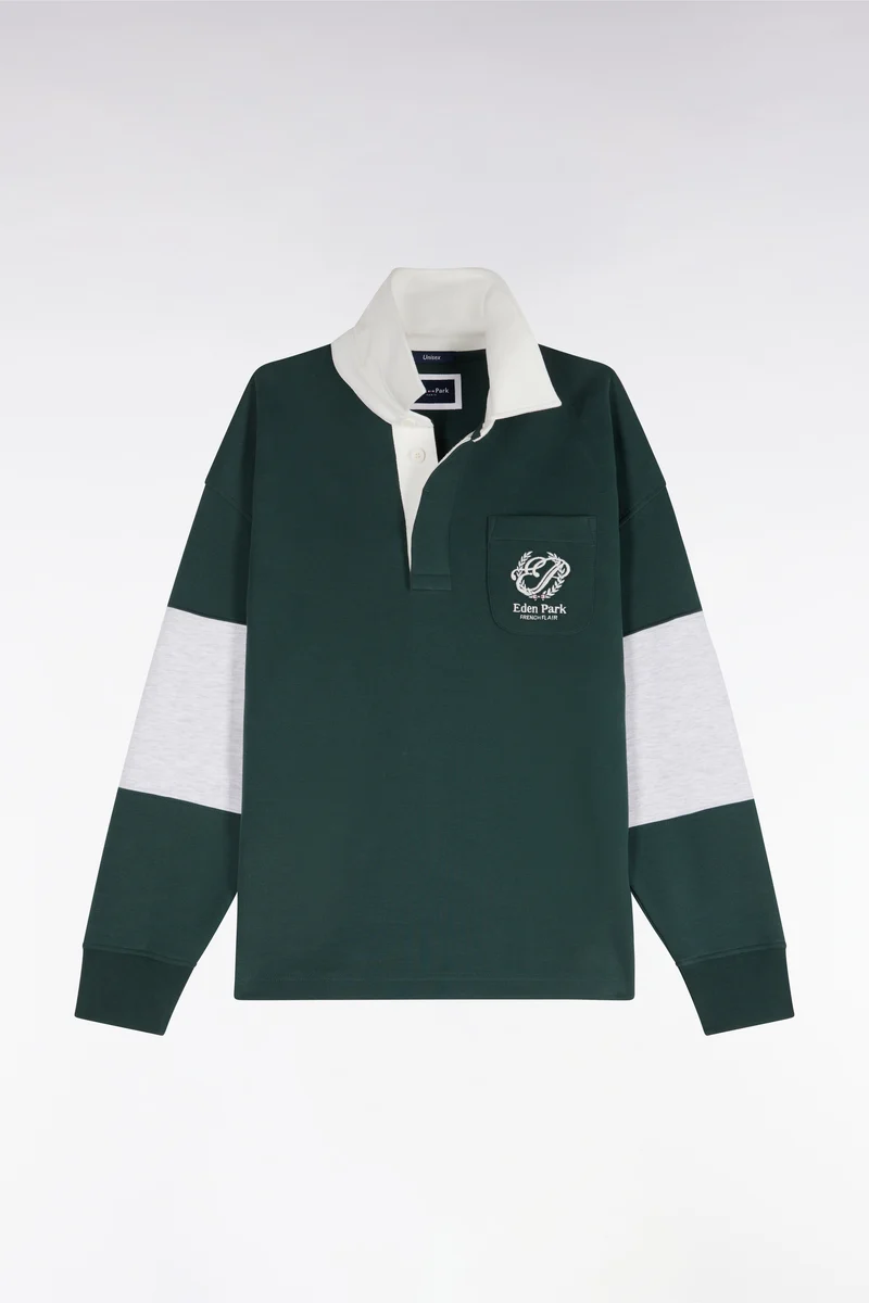 Sweatshirt unisexe à col maillot en interlock vert broderies héritage coupe loose