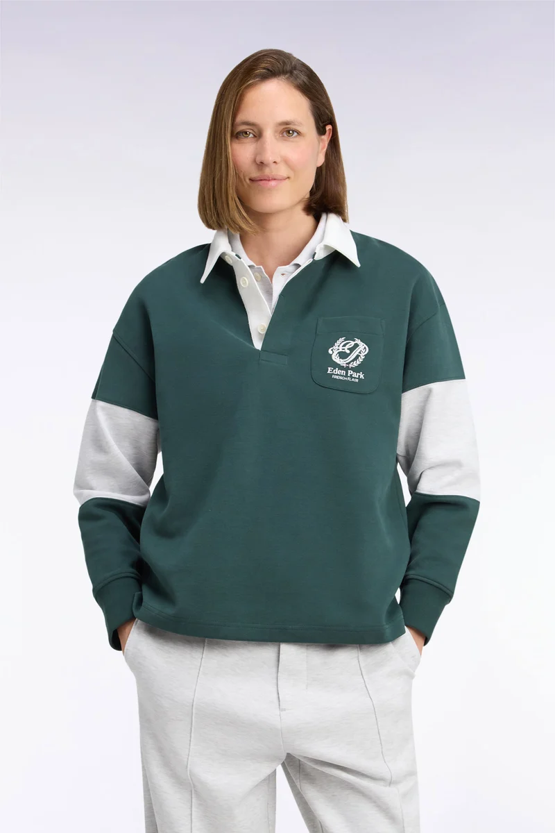 Sweatshirt unisexe à col maillot en interlock vert broderies héritage coupe loose