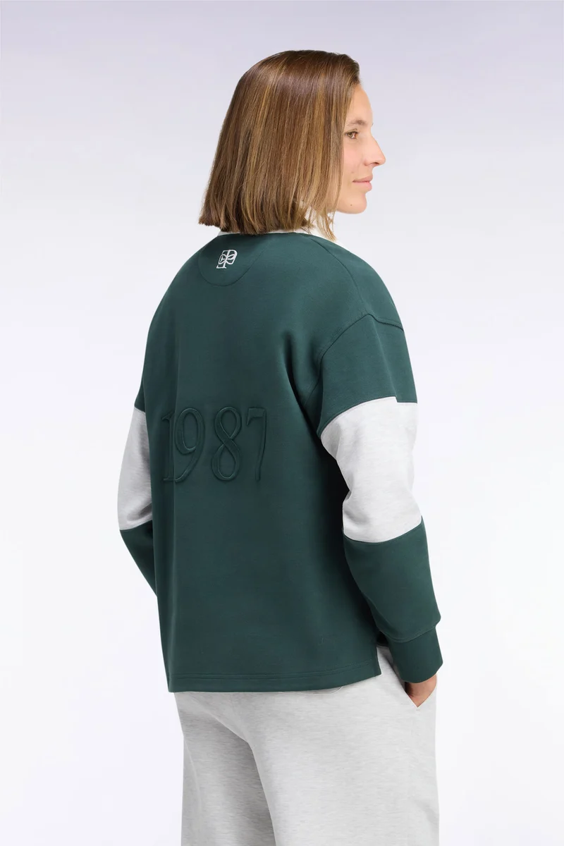 Sweatshirt unisexe à col maillot en interlock vert broderies héritage coupe loose