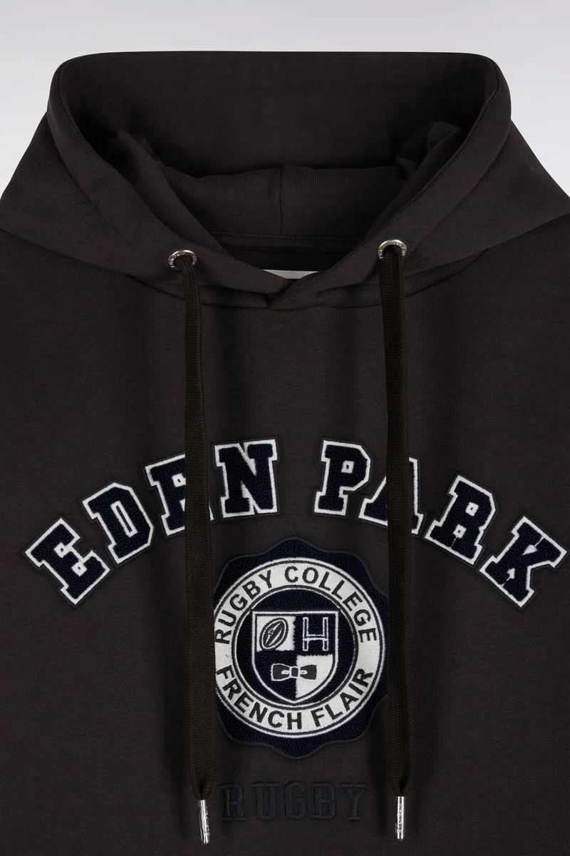 Sweatshirt à capuche en molleton marron broderie héritage rugby coupe droite