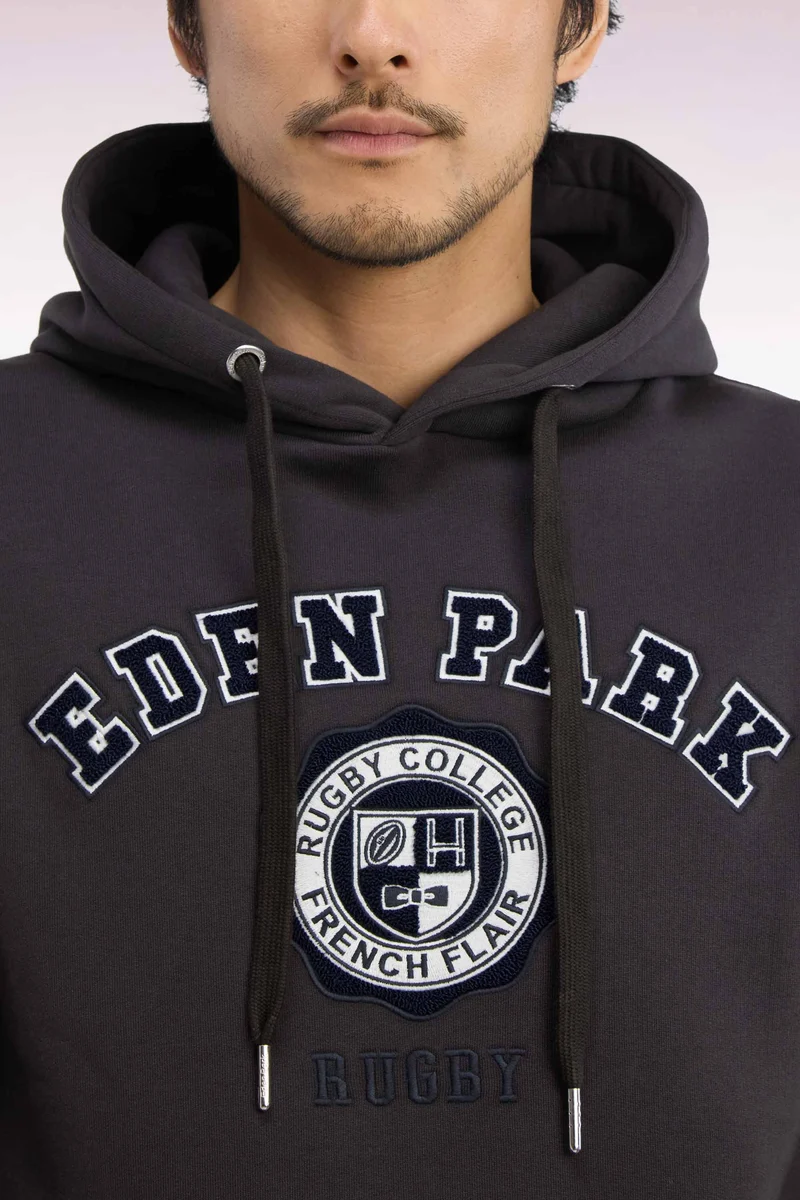 Sweatshirt à capuche en molleton marron broderie héritage rugby coupe droite