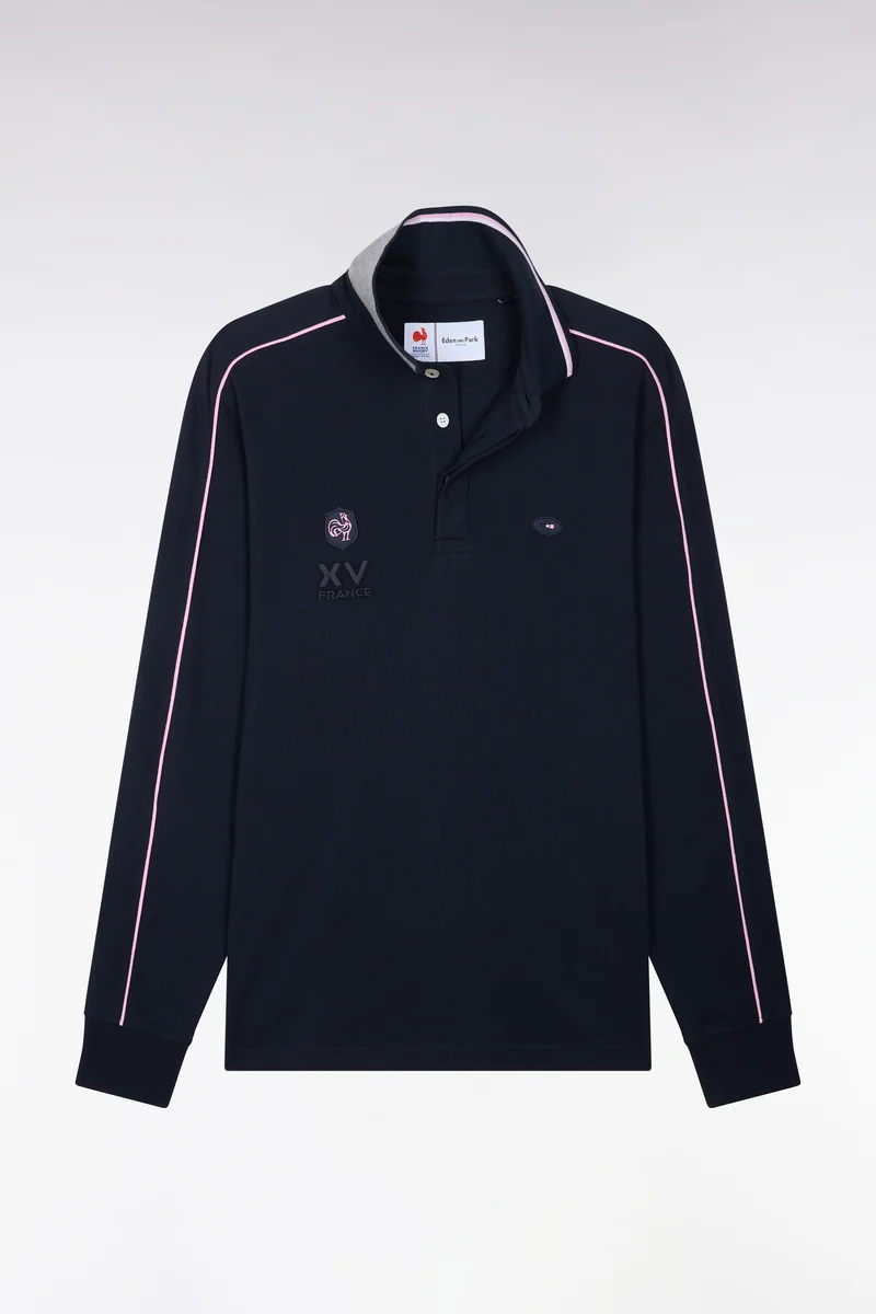 Polo à manches longues en piqué de coton peigné bicolore marine XV de France