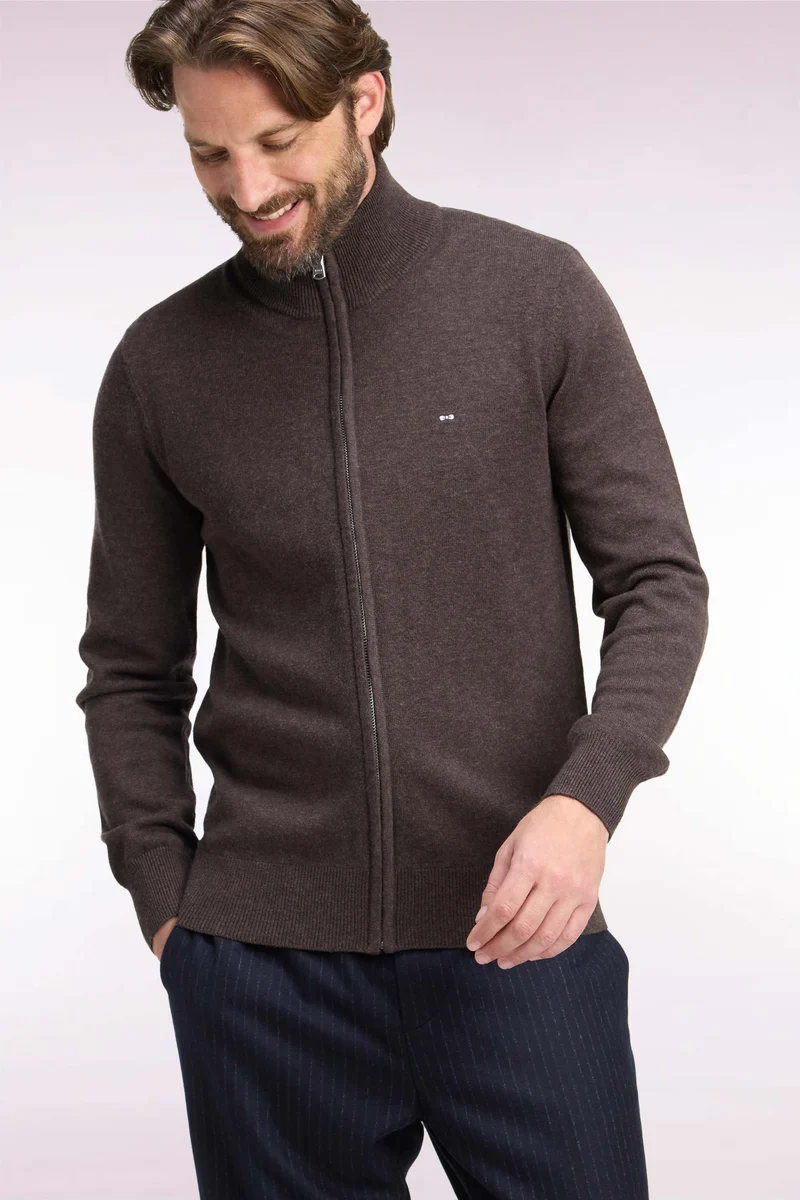 Cardigan zippé en laine et coton marron coupe droite