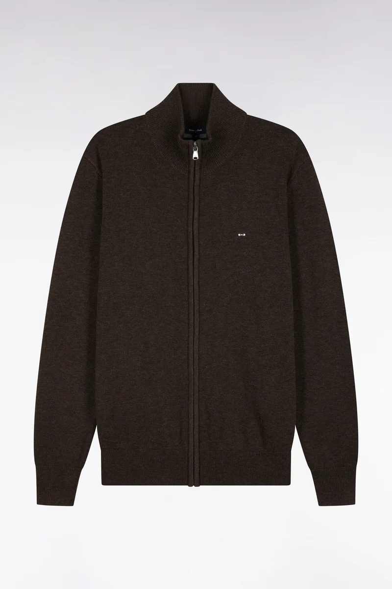 Cardigan zippé en laine et coton marron coupe droite