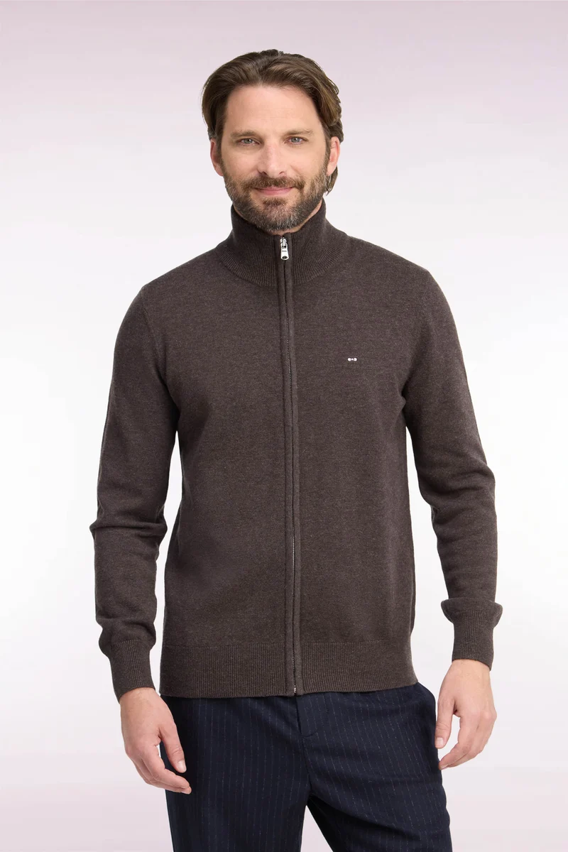 Cardigan zippé en laine et coton marron coupe droite